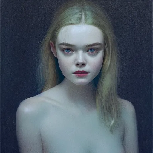 Image similar to Elle Fanning’s face against the mirror, head and shoulders portrait, stormy weather, extremely detailed masterpiece, oil on canvas, low-key neon lighting, artstation, Blade Runner 2049, Roger Deakin’s cinematography, by J. C. Leyendecker and Peter Paul Rubens and Edward Hopper and Michael Sowa,