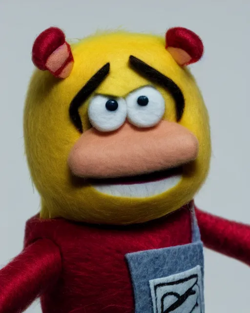 Image similar to jake from adventure time as a muppet. highly detailed felt. hyper real photo. 4 k.