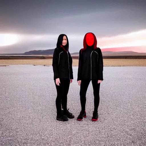 Prompt: photograph of 2 women wearing black techwear in front of a brutalist sharp - edged metal building, on a desolate plain, red eerie sky, sigma 8 5 mm f / 1. 4, 4 k, depth of field, high resolution, 4 k, 8 k, hd, full color