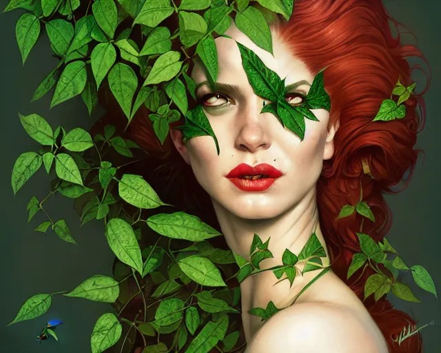 Prompt: poison ivy and Batman battle, action, illustration, symmetrical face, artstation, cinematic lighting, hyperdetailed, cgsociety, 8k, high resolution, Charlie Bowater, Tom Bagshaw, Norman Rockwell, insanely detailed and intricate, prison background