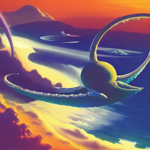 Image similar to overhead look of an alien ocean with clouds above it, serpent emerging out of the water, mountains on the background, syd mead, john harris,