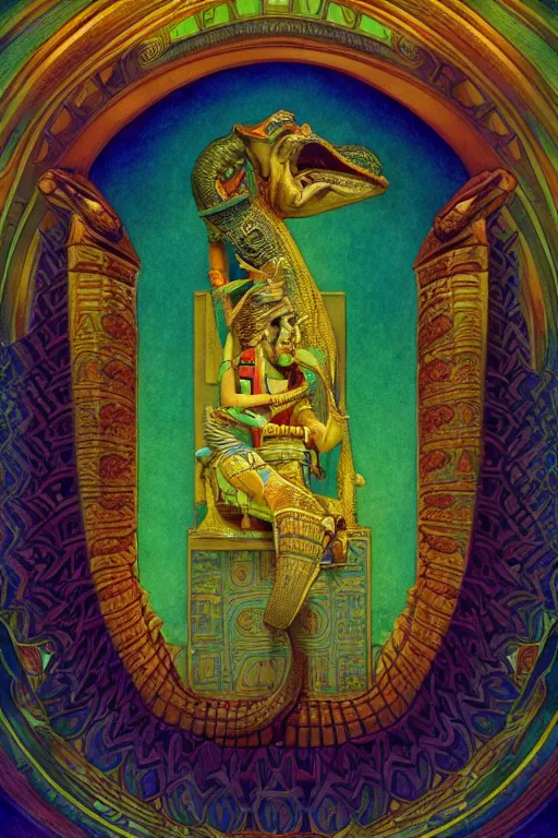 Prompt: beautiful egyptian crocodile headed god by maxfield parrish, mandala, coherent design, symmetrical, vivid colors, digital watercolor ink illustration painting, complementary color, golden ratio, detailed, sharp lines, sharp focus, intricate, rainbowshift, artgerm, gustave dore, alphonse mucha, octane render