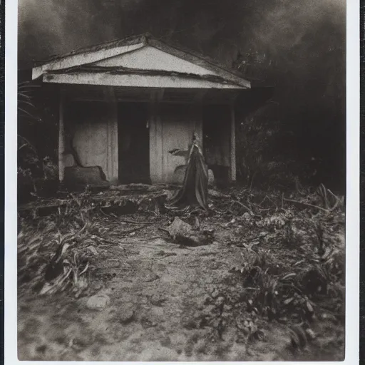 Image similar to an ancient evil-girl devouring the souls of the human kind on an abandoned house, Colombian jungle, mist, 1910 polaroid photography, grainy film, Black and white