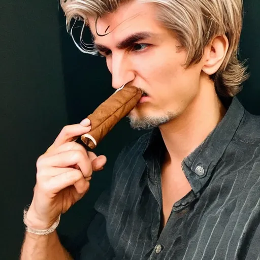 Image similar to a closeup photo of handsome gigachad xqc smoking a cigar