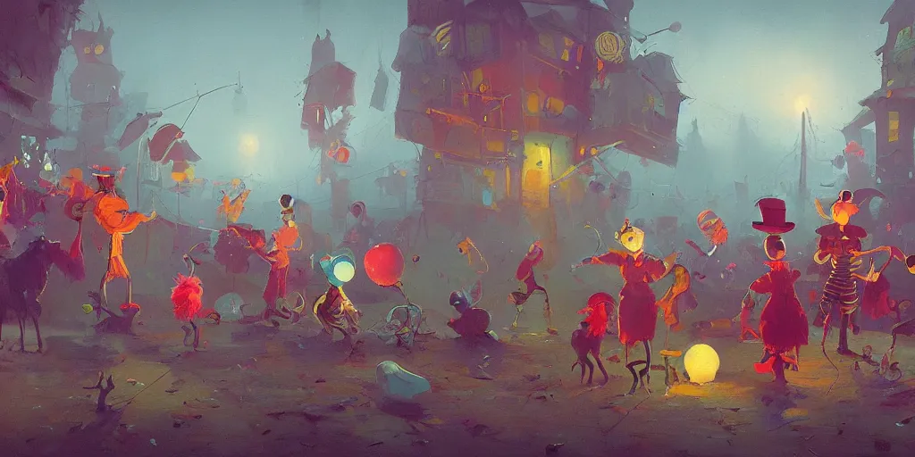 Image similar to A gang of clowns at dawn, magical, awestriking, impossibly detailed, by Sergey Kolesov, fine detail, full of color, intricate detail