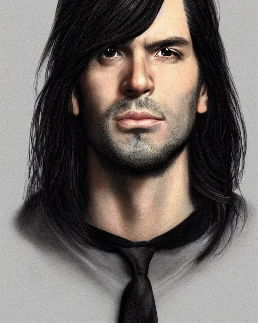 Prompt: portrait of tall, 3 3 - year - old handsome man with long dirty black hair, and grey eyes, wearing black clothes, smooth clear face, no beard, hyper realistic face, aristocratic appearance, beautiful eyes, character art, art by mark brooks, hyperdetailed, cryengine, trending on artstation, digital art