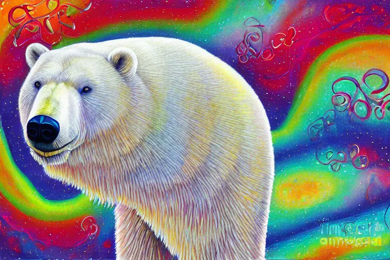 Image similar to a relaxed polar bear looking to the sky by lisa frank, alex grey, flooko, acrylic, digital art, painting,