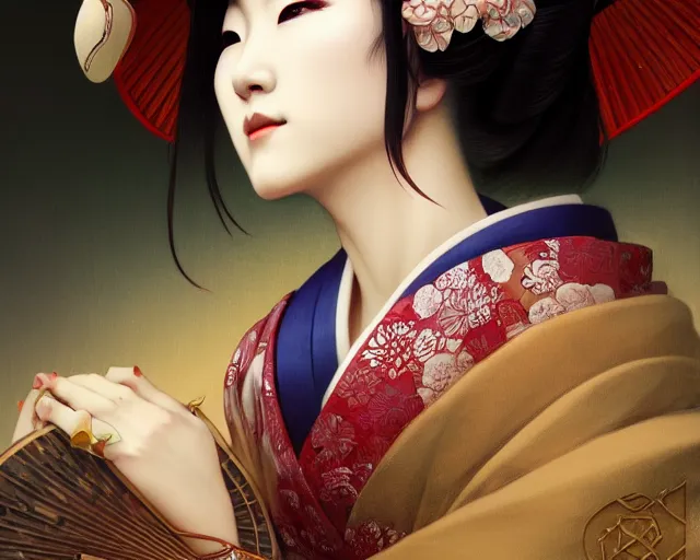 Image similar to photography of a beautiful japanese geisha, deep focus, d & d, fantasy, intricate, elegant, highly detailed, digital painting, artstation, concept art, matte, sharp focus, illustration, hearthstone, art by artgerm and greg rutkowski and alphonse mucha