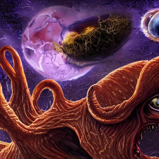 Prompt: one eldritch horror bloody garfield in space, galaxy, hd, 8 k, giant, epic, realistic photo, unreal engine, stars, prophecy, powerful, cinematic lighting, destroyed planet, debris, violent, sinister, ray tracing, dynamic, print, epic composition, dark, horrific, teeth, grotesque, scary, pencil drawing