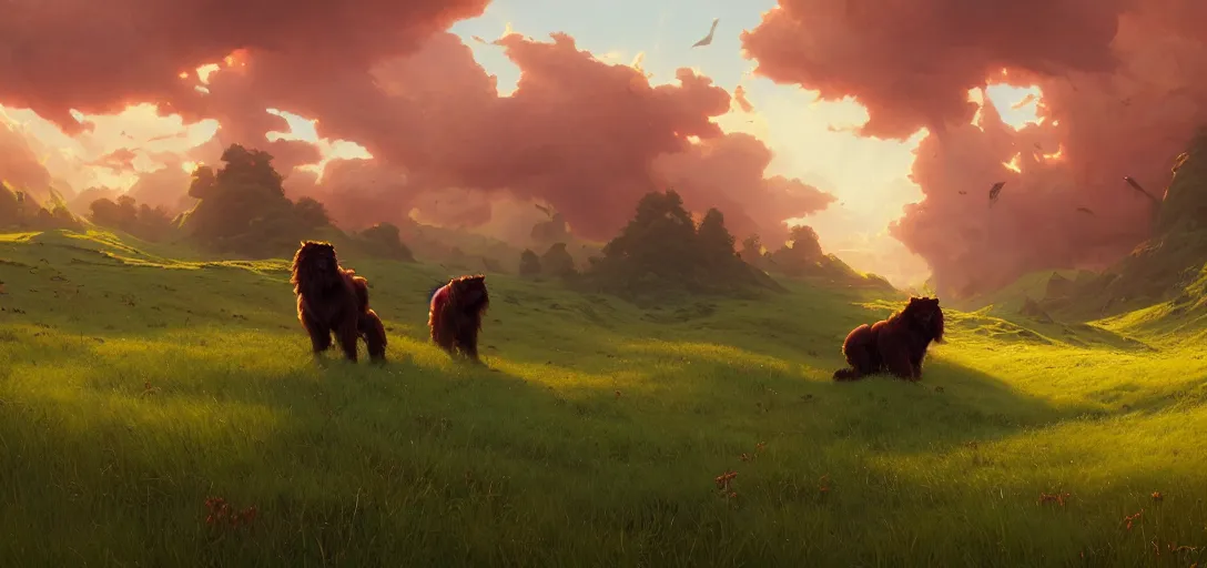 Prompt: breathtaking digital painting of epic large green dogs with shaggy green fur running through a lush valley of deep grass with a dramatic red sky, fantasy art by greg rutkowski, loish, rhads, ferdinand knab, makoto shinkai and lois van baarle, ilya kuvshinov, tom bagshaw, global illumination, radiant light