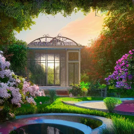 Prompt: a glass house in the center of a spanish garden, sunrise, blooming flowers, swimming pool, highly detailed, digital painting, artstation, in a baroque style, 4 k