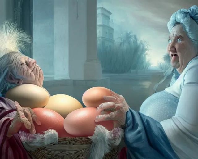 Image similar to of a very beautiful scene. ambient occlusion render. a sweet fat old woman is giving birth a beautiful colorful huge egg. hyper realistic. 4 k. wide angle. baroque style. symmetrical face, red mouth, blue eyes. deep focus, lovely scene. ambient occlusion render. concept art. unreal engine.