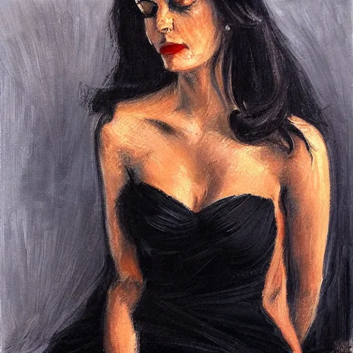 Image similar to Ground Level Shot, medium shot of a dark haired woman wearing a black dress, on a bed. by fabian perez