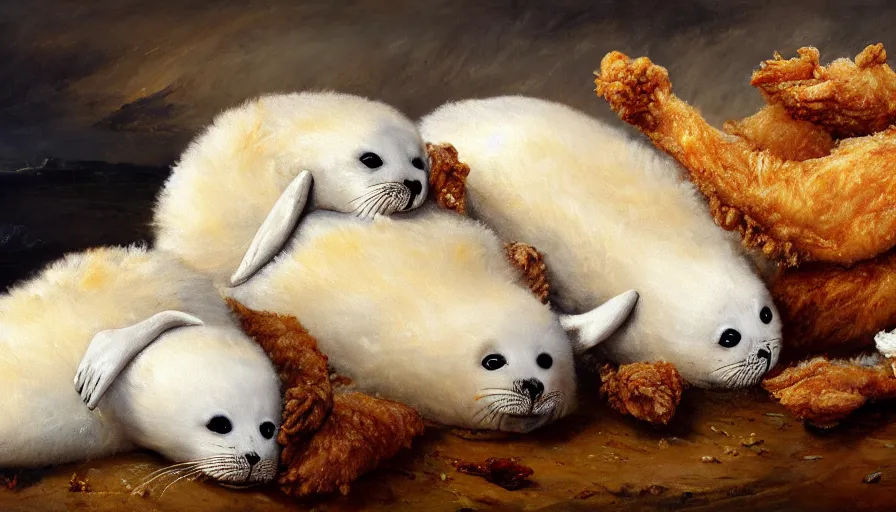 Image similar to highly detailed painting of cute furry white baby seals cuddling up in a big pile of fried chicken by william turner, thick brush strokes and visible paint layers, 4 k resolution