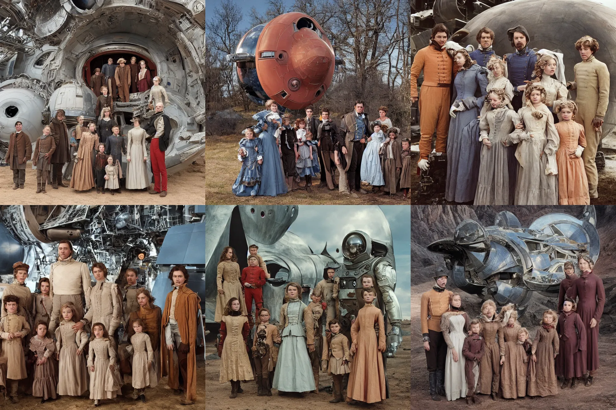 Prompt: highly detailed, 268435456k film, 2800mm film still from a sci fi blockbuster color movie made in 2019, set in 1860, of a family standing in front of a spaceship that has just landed on an alien planet, the family are all wearing 1860s era clothes, good lighting, good photography, ultra high definition