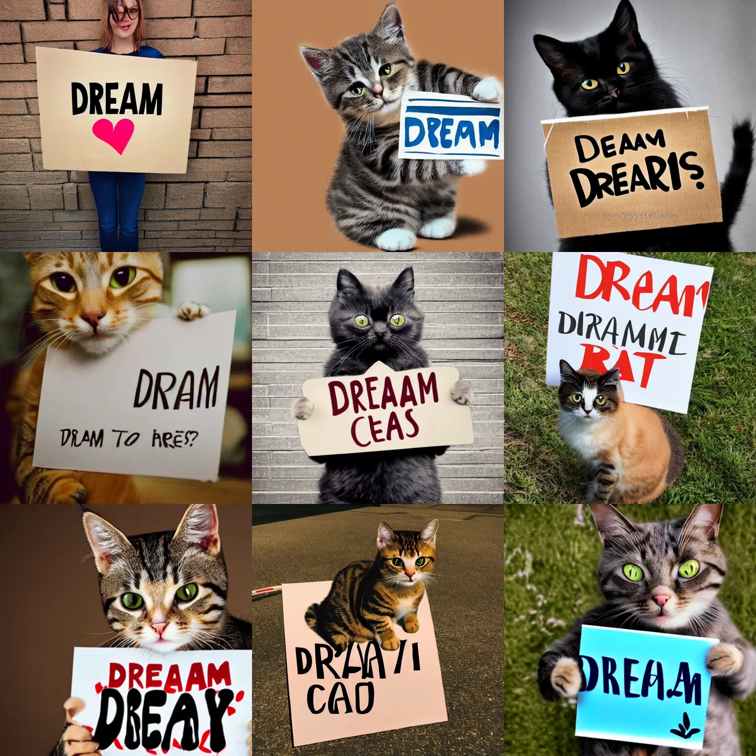 Image similar to realistic high quality photo of a cute cat holding a sign with text that reads : dream cats