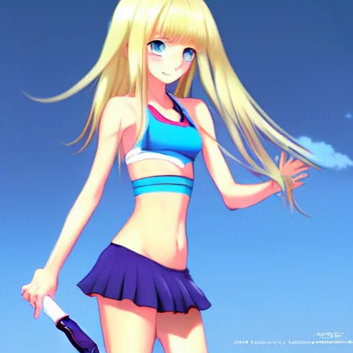 Prompt: a very beautiful young anime tennis girl, long blond hair, full body, ( sky blue eyes ), ( full round face ), short smile, bikini, miniskirt, highly detailed, cinematic wallpaper by stanley artgerm lau