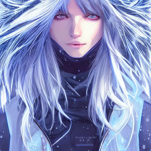 Image similar to cryomancer, flowing white hair, blue eyes, parka, androgynous, beautiful, detailed symmetrical close - up portrait, intricate complexity, in the style of artgerm and ilya kuvshinov, cel - shaded