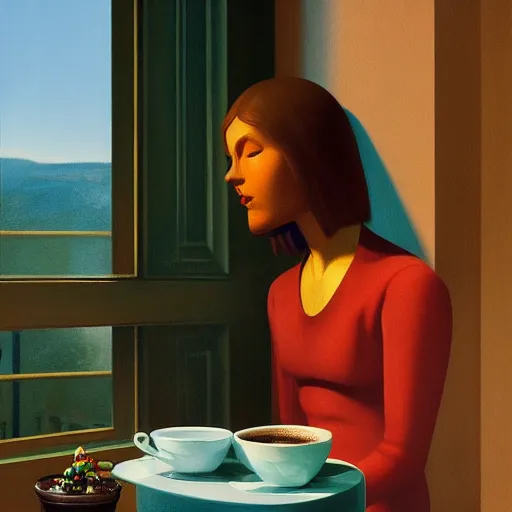 Prompt: Jesus Christ drinking coffee at a Starbucks, Masterpiece, Edward Hopper and James Gilleard, Zdzislaw Beksinski, Mark Ryden, Wolfgang Lettl, hints of Yayoi Kasuma, octane render, 8k.