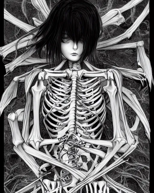 Image similar to skeleton cat girl with open skeleton ribs, wearing only lingering, black and white full shot, ambient, focused, art by ayami kojima, makoto shinkai, killian eng