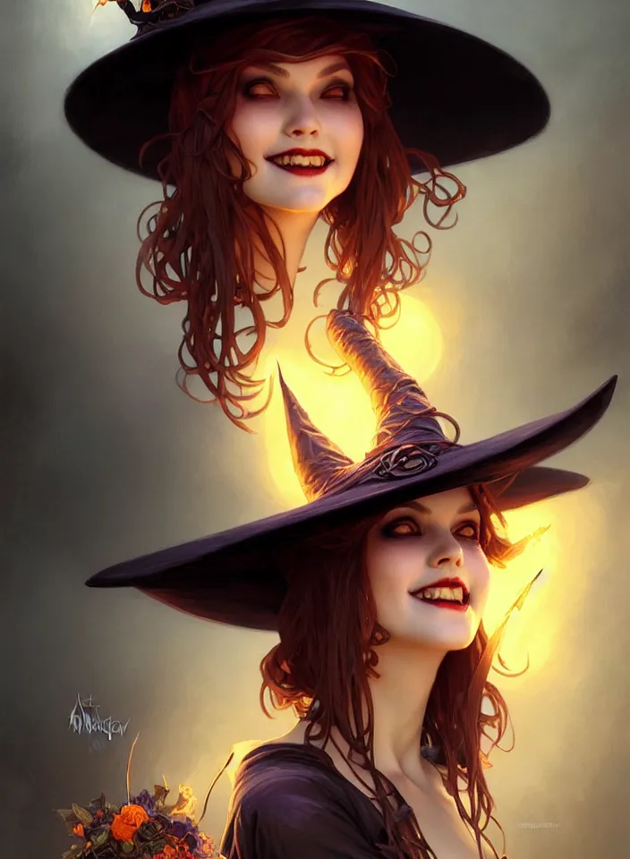 Image similar to halloween witch woman in a hat smiles, fantasy magic, undercut hairstyle, dark light night, intricate, elegant, sharp focus, illustration, highly detailed, digital painting, concept art, matte, art by wlop and artgerm and greg rutkowski and alphonse mucha, masterpiece