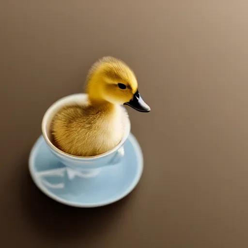 Prompt: cute duckling sitting in a teacup, photography, minimalistic, 8 k