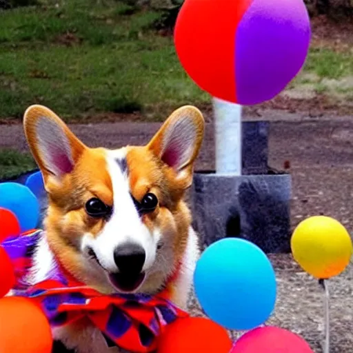 Prompt: Corgi on shrooms fights scary clowns