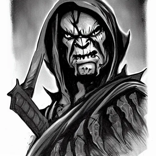 Prompt: mordor orc, portrait, in the style of mike mignola greyscale