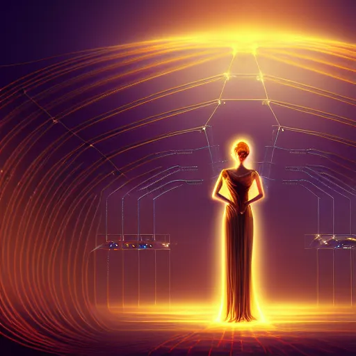 Image similar to the ethereal goddess of technology bestows the gift of circuits to humanity. matte painting. fantastic. velvet and gold. high key studio lighting. fractal dreams. ancient greece, trending on artstation, cgsociety, ps 5, uhd 8 k cryengine