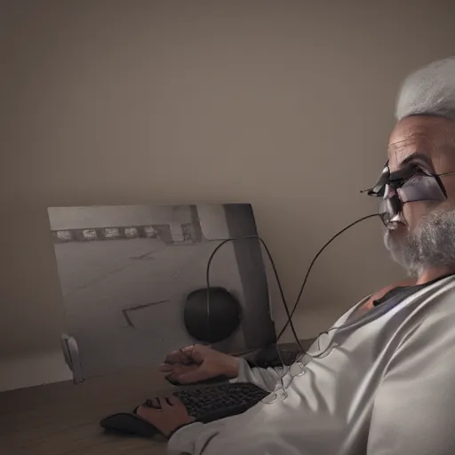 Image similar to Old man having a very intensive video game session, 3D render, high resolution