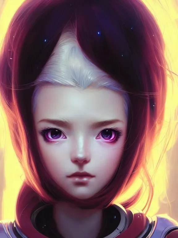 Image similar to close up picture of a space girl looking at the camera, bored, coveted, beautiful and aesthetic, intricate, unreal engine, messy hair, highly detailed, detailed face, smooth, sharp focus, chiaroscuro, manga illustration, artgerm, greg rutkowski, ilya kuvshinov, rossdraws, alphonse mucha, young adult light novel cover art