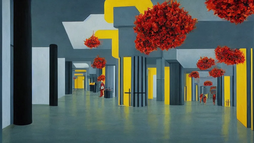 Image similar to colorful minimalist industrial interior hallway with monolithic pillars in the style of ridley scott and stanley kubrick, impossible stijl architecture, bed of flowers on floor, ultra wide angle view, realistic detailed painting by edward hopper