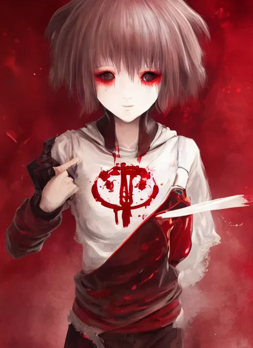 Prompt: a highly detailed illustration of short hair cute japanese girl wearing blood stained hoodie and bandages on legs, bright red eyes, dramatic sadistic berserk pose, intricate, elegant, highly detailed, centered, digital painting, artstation, concept art, smooth, sharp focus, league of legends concept art, WLOP