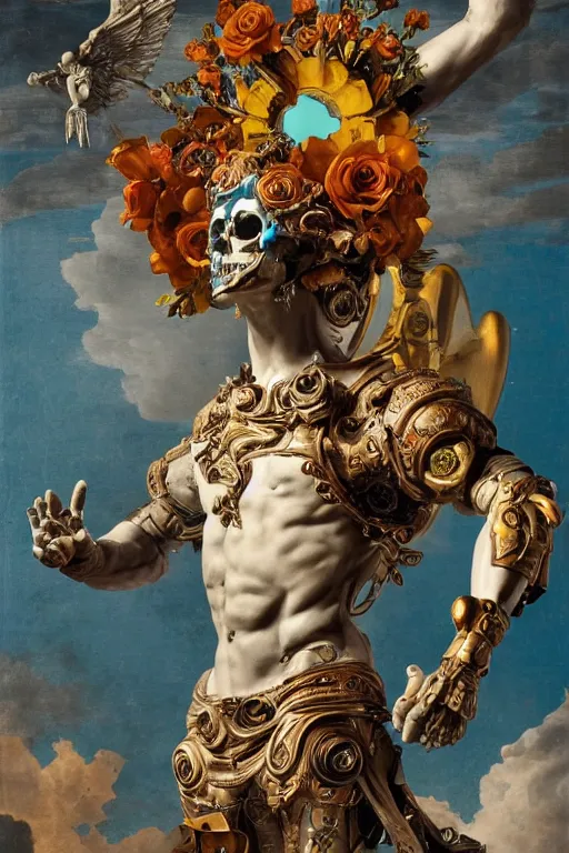 Image similar to a young handsome Spanish metal android with a large glowing battery in the center of his chest in a full-body bronze cyberpunk style statue of Icarus with glowing blue eyes, crown of peach roses, flowing teal-colored silk, fabric, flowers. baroque elements, human skull. full-length view. baroque element. intricate artwork by caravaggio. many flying horses on background. Trending on artstation, octane render, cinematic lighting from the right, hyper realism, octane render, 8k, depth of field, 3D