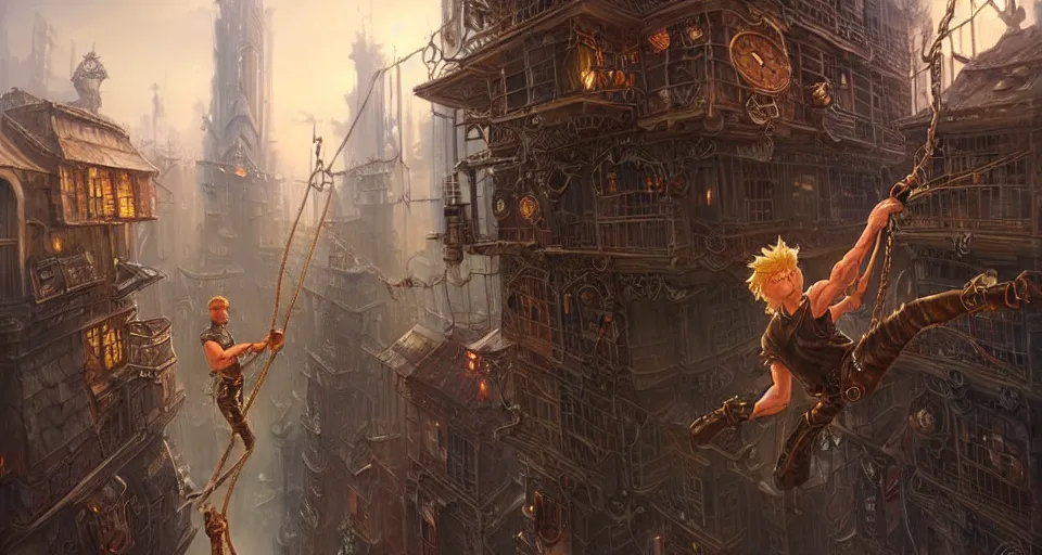 Image similar to landscape painting of a blonde boy thief in leathers using a rope to climb a tall metal steampunk buildings within a fantasy city with bridges, fine details, andreas rocha, magali villeneuve, artgerm, rutkowski