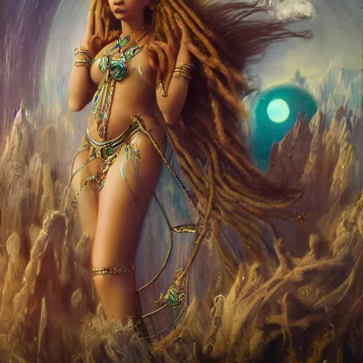 Image similar to birth of mami wata, sumerian goddess inanna ishtar, ashteroth, techno mystic goddess princess intergalactica, with aqua neon rapunzel dreadlocks, mami wata, detailed, by gaston bussiere, bayard wu, greg rutkowski, giger, maxim verehin, greg rutkowski, masterpiece, sharp focus,