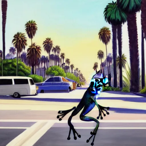 Prompt: painting of a bipedal frog walking away from the camera, down a busy street in los angeles, street vendors, palm trees,