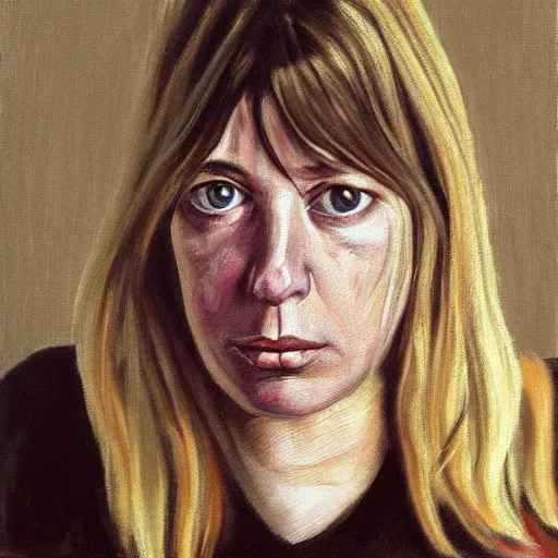 Prompt: high quality high detail painting by lucian freud, hd, portrait of kim gordon, sonic youth