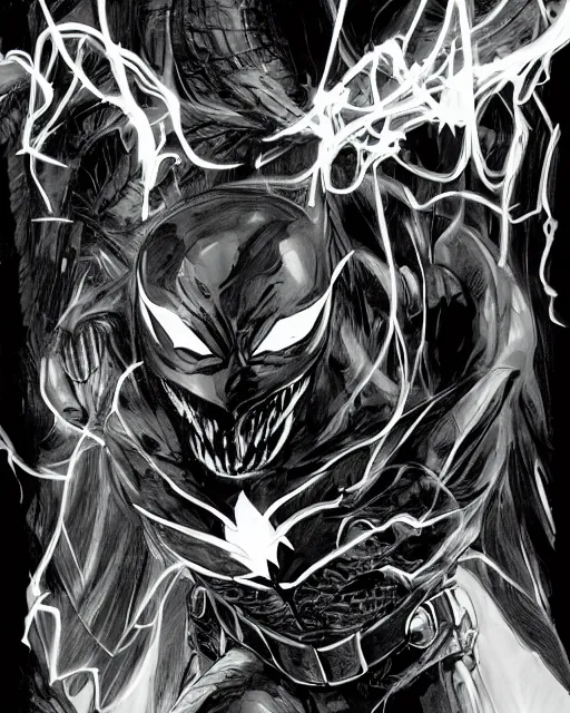 Image similar to venom as batman, with the powers of flash, dynamic lighting, fantasy concept art, trending on art station, stunning visuals, creative, cinematic, ultra detailed, comic strip style, sumihei