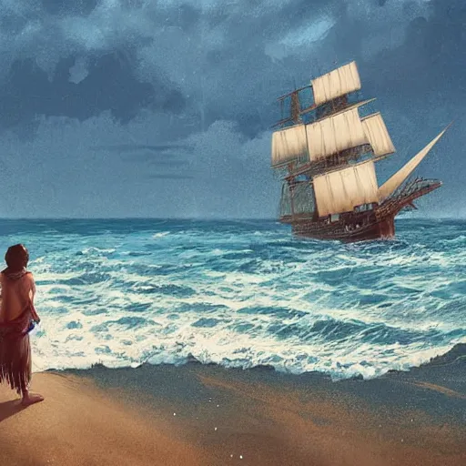 Image similar to A Pacific Islander woman watches a European tall ship approaching shore, digital art by Greg Rutkowski