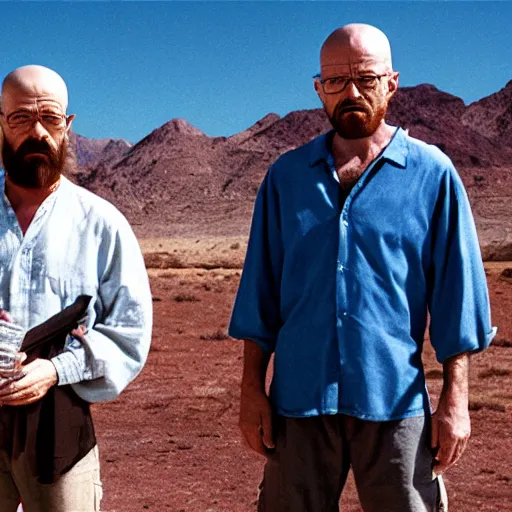 Prompt: Jesus and walter white holding ziploc bags of crystal blue meth, in the desert, film still, 4k, photorealistic, hd