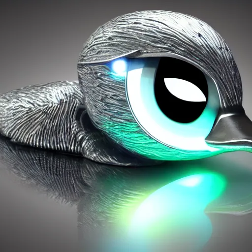 Image similar to a cybertronic duck, metallic, glowing eyes, high detail