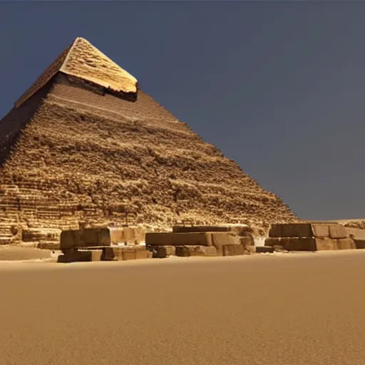 Image similar to great pyramid of giza at ancient times, the pyramid is covered with white marble, the pyramind has a golden tip, ancient egypt, unreal engine, extremely detailed, photoreal