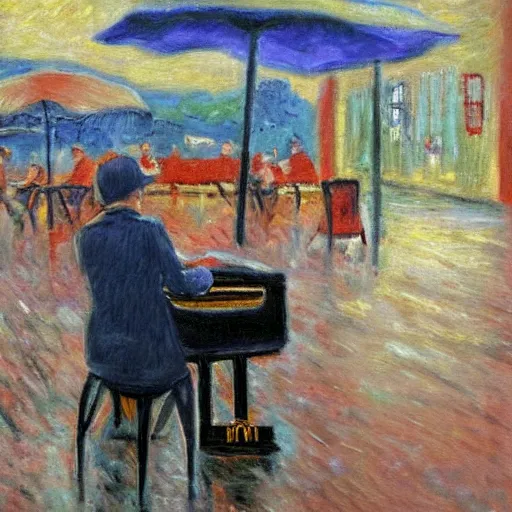 Image similar to a person playing the piano in a cafe on a rainy day, impressionist art