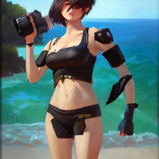 Image similar to greg manchess portrait painting of 2 b nier automata as tracer from overwatch in a bikini on the beach, organic painting, sunny day, matte painting, bold shapes, hard edges, street art, trending on artstation, by huang guangjian and gil elvgren and sachin teng