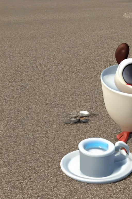 Prompt: Seagull Pixar character and a cup of coffee in the beach, Up movie style, 3d render