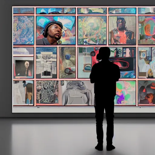 Prompt: art curator looking at a screen with a chat interface, recursive, in the style of grand chamaco and stanley kubrick, inspired by kendrick lamar, photorealistic, epic, super technical, cinematic still