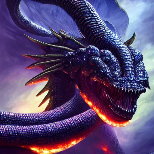 Image similar to jormungandr eating the world, iridescent, beautiful, technological, galactic, hyper-detailed, mega-detailed, realistic, cinematic, octane render, concept art, dark, cosmic, ominous, dramatic, lovecraftian, symmetric, swords, colorful and dark