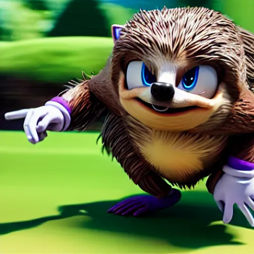 Image similar to sonic the hedgehog as a sloth running at warpspeed, weta hyperrealism cinematic lighting and compositon