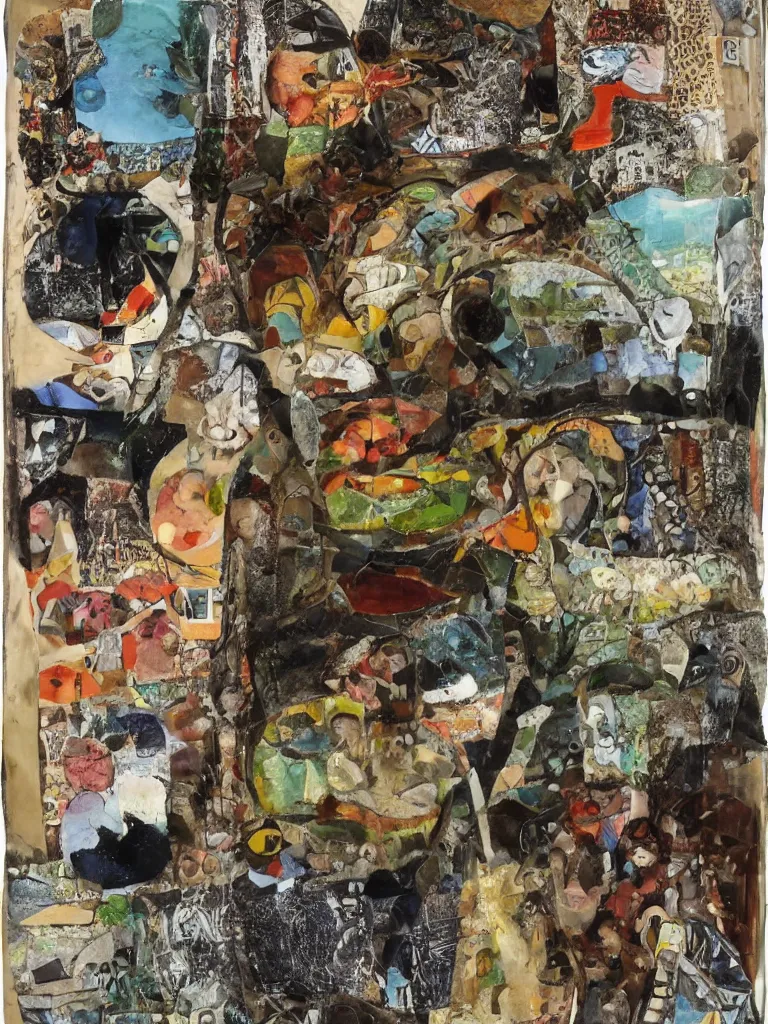 Image similar to mixed media collage by eileen agar depicting travelling through australian wilderness and outback and beaches, landscapes, interesting people, australian animals and birds, earthy color tones